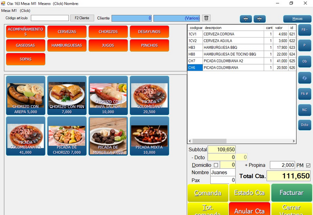 Positive Restaurante: selección de platos por mesa